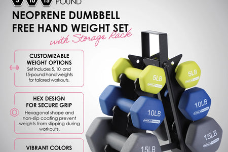 5, 10, and 15 Lb Neoprene Dumbbell Free Hand Weight Set & Rack