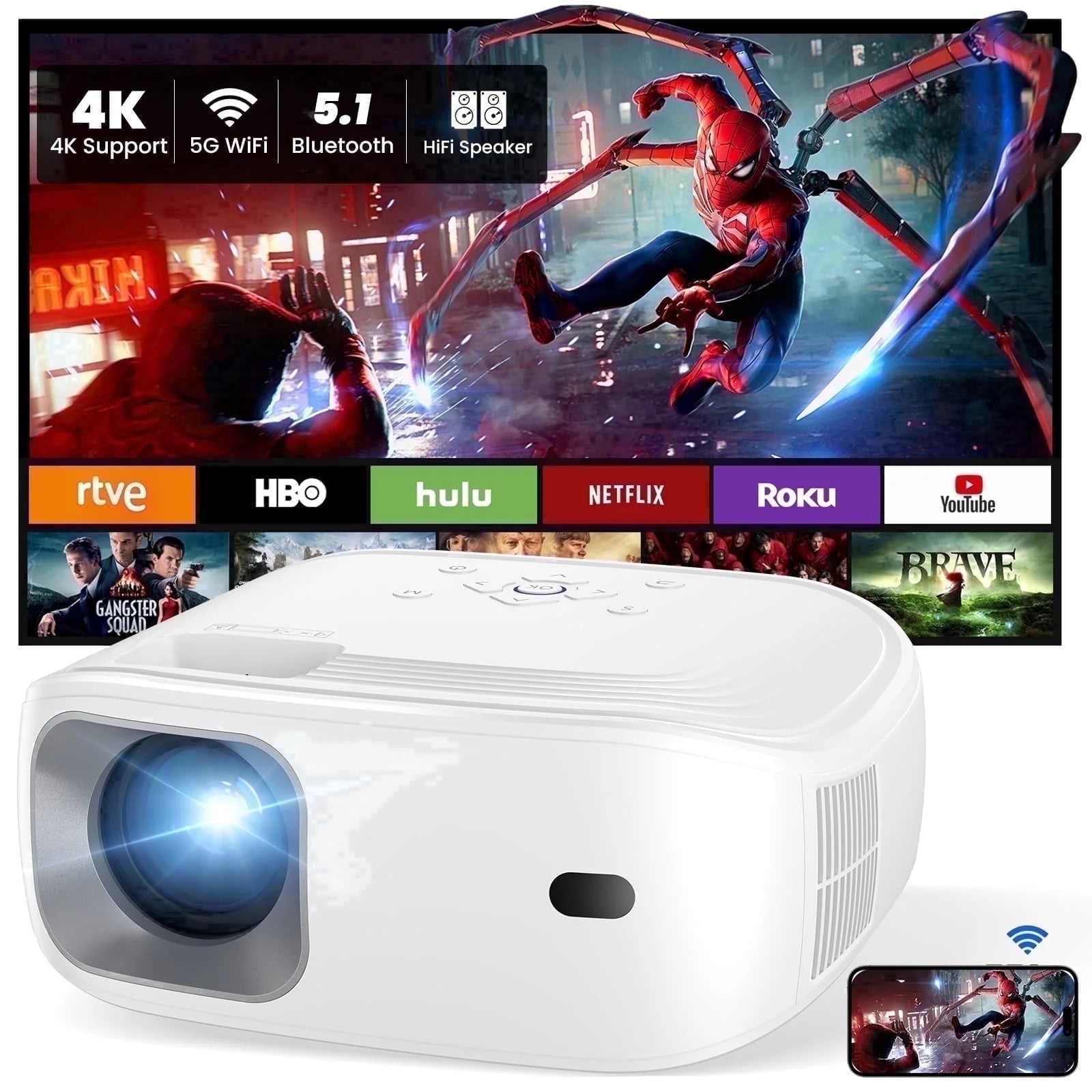 Proyector Mini Portátil Con Wifi Y Bluetooth Y Altavoz, Proyector Nativo 1080P 4K Compatible Con Cine En Casa, Campamento Y Películas Al Aire Libre