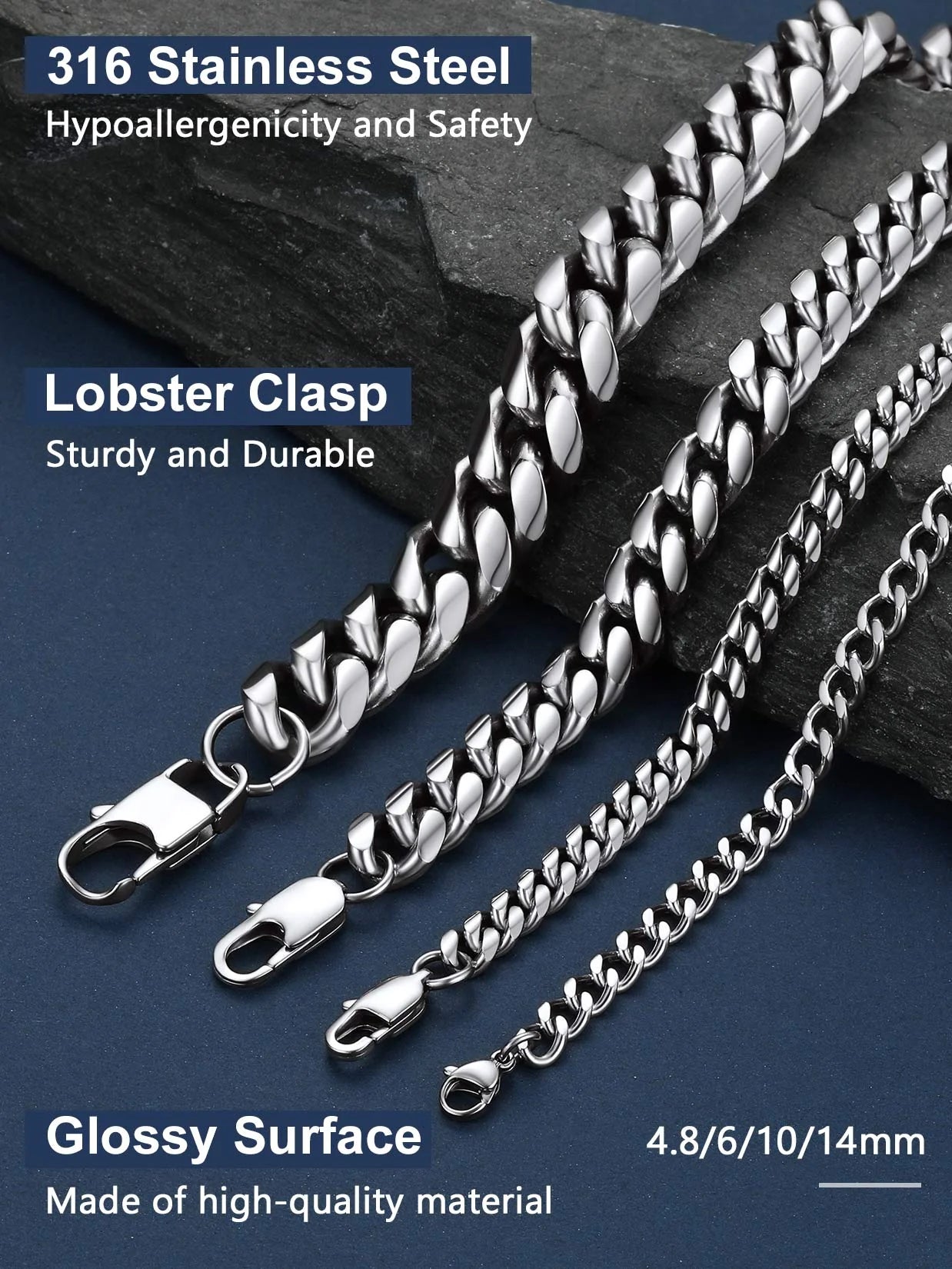 Collares Hip Hop Para Hombre Cadenas Cubanas Tipo Curb 20Inch 10Mm Cadenas De Acero Inoxidable Collar Del Día Del Padre Regalo Para Hombre Papá Hijo